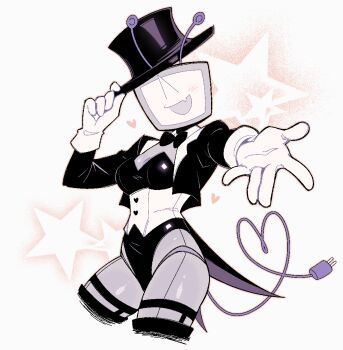 1girl ant_tenna black_bow black_bowtie black_hat black_jacket black_leotard blush bow bowtie breasts cable cable_tail clothed_robot commentary corset cropped_jacket crt deltarune detached_collar electric_plug electric_plug_tail fang genderswap genderswap_(mtf) gloves hand_on_headwear hat heart heart_tail humanoid_robot jacket leotard long_nose magician mechanical_tail medium_breasts object_head open_mouth pantyhose pointy_nose purple_tail radio_antenna reaching reaching_towards_viewer robot simple_background skin_fang smile solo star_(symbol) strapless strapless_leotard symbol-only_commentary tail top_hat underbust utdr_(toby_fox) wav3rr white_background white_corset white_gloves