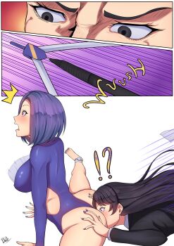 !? 2girls ^^^ absurdres anklet artist_self-insert ass band-width barefoot black_hair blue_nails blush bouncing_breasts breasts clothing_cutout comic compass_(instrument) deep_skin face_in_ass fallen_down highres hip_vent impossible_clothes impossible_leotard jewelry large_breasts leotard long_hair motion_lines multiple_girls nail_polish nib_pen_(object) office_lady open_mouth original pen purple_eyes purple_hair purple_nails short_hair silent_comic speed_lines surprised thong_leotard toenail_polish toenails what yuri