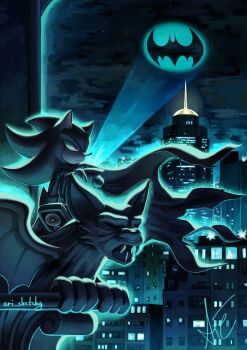 1boy animal_ears animal_nose ari_sketchy bat_signal batman batman_(cosplay) batman_symbol belt black_cape black_fur body_fur bodysuit bracelet cape closed_mouth commentary cosplay english_commentary furry furry_male gloves gold_bracelet grey_bodysuit hedgehog_boy highres jewelry male_focus mask multicolored_fur red_eyes red_fur shadow_the_hedgehog shoes short_tail sonic_(series) standing superhero_costume tail two-tone_fur utility_belt white_gloves