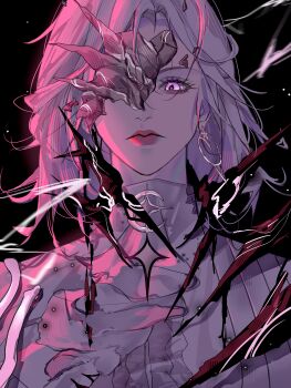 Rule 34 | 1girl, ascot, black background, chinese commentary, closed mouth, commentary request, dreya (path to nowhere), earrings, expressionless, from below, highres, jewelry, looking at viewer, looking down, path to nowhere, portrait, purple eyes, shirt, short hair, simple background, solo, wanggui, white ascot, white hair, white shirt