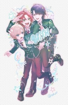 3boys 43c :d absurdres avocado_academy_school_uniform blazer blonde_hair blue_eyes blue_hair brown_shoes collared_shirt commentary_request fang full_body green_eyes green_jacket highres idol_time_pripara jacket long_sleeves looking_to_the_side male_focus mitaka_asahi multiple_boys necktie open_mouth pants pretty_series pripara red_hair red_necktie red_pants school_uniform shirt shoes short_hair smile sparkle standing star_(symbol) takase_koyoi white_shirt yumekawa_shogo