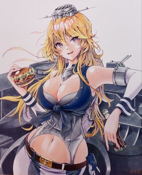 1girl agano_class_no3 belt belt_buckle blonde_hair blue_eyes blue_shirt breasts brown_belt buckle burger cleavage collar corset detached_sleeves drink food hair_between_eyes hashtag-only_commentary headgear highres holding holding_burger holding_drink holding_food iowa_(kancolle) kantai_collection large_breasts long_hair looking_at_viewer metal_collar navel open_mouth rigging shirt simple_background skirt smile solo star-shaped_pupils star_(symbol) striped_clothes striped_skirt symbol-shaped_pupils tied_shirt upper_body vertical-striped_clothes vertical-striped_skirt white_background wrist_cuffs