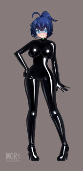 1girl absurdres ahoge black_bodysuit blue_eyes blue_hair bodysuit breasts full_body grey_background hand_on_own_hip high_heels highres impossible_bodysuit impossible_clothes large_breasts latex latex_bodysuit maguro27 original pigeon-toed ponytail shiny_clothes skin_tight smile solo standing sunglasses