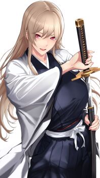 1girl black_kimono bleach blonde_hair breasts cosplay furen_e_lustario highres holding holding_sword holding_weapon jacket japanese_clothes kimono large_breasts long_hair long_sleeves looking_at_viewer nijisanji open_mouth pink_eyes pink_nails sash sheath shinigami simple_background solo sugisita_0920 sword unsheathing very_long_hair virtual_youtuber weapon white_background white_jacket white_sash zanpakutou