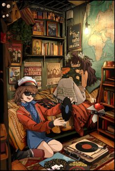 2girls ahoge apple apple_(reverse:1999) bedroom black_boots black_bow black_bowtie blanket blue_dress blue_eyes blue_neckerchief book bookshelf boots bow bowtie bright_pupils brown_hair carpet covered_mouth creature dated dress fatutu flower food fruit hair_flower hair_ornament hat highres holding_record indoors jacket knees_up leaf_hair_ornament looking_at_viewer map multiple_girls neckerchief newsboy_cap on_bed open_clothes open_jacket open_mouth phonograph pillow polka_dot_neckerchief poster_(object) record_jacket red_jacket red_socks regulus_(reverse:1999) reverse:1999 rubber_soul_(album) sctimekeeper short_dress short_hair sitting skirt socks string_of_flags sunglasses the_beatles traditional_bowtie vinyl_record white_pupils white_skirt world_map yokozuwari