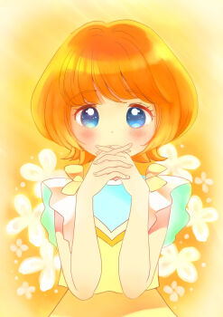 Rule 34 | 1girl, blue eyes, commentary, covering own mouth, dress, flower, highres, ichinose minori, interlocked fingers, kyanos (b 0000ff), looking at viewer, no eyewear, orange hair, own hands together, precure, short hair, sleeveless, sleeveless dress, solo, tropical-rouge! precure, upper body, variant set, yellow background, yellow dress, yellow theme