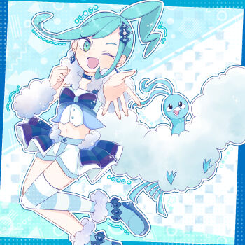 Rule 34 | 1girl, altaria, blue eyes, blue theme, blush stickers, commentary request, gen 3 pokemon, hand on own chest, highres, lisia (pokemon), looking at viewer, midriff, navel, nintendo, one eye closed, outline, outstretched arm, pokemon, pokemon (creature), pokemon oras, single thighhigh, sparkle, striped clothes, striped thighhighs, syarutaaaa, thighhighs, white outline