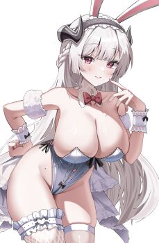 1girl animal_ear_hairband animal_ears asymmetrical_legwear bare_shoulders black_horns blush bow bowtie braid breasts cleavage closed_mouth collarbone criss-cross_strings demon_girl demon_horns fake_animal_ears fishnet_thighhighs fishnets frilled_thighhighs frills groin hairband hand_on_own_hip hand_up highres horns large_breasts leaning_forward leotard long_hair looking_at_viewer mismatched_legwear mole mole_on_stomach nail_polish nannanana3939 pink_nails playboy_bunny rabbit_ear_hairband rabbit_ears red_bow red_bowtie red_eyes side-tie_leotard sideboob simple_background smile solo star_(symbol) stella_sora symbol_in_eye thighhighs thighs traditional_bowtie undersized_breast_cup very_long_hair virigia_(stella_sora) white_background white_hair white_leotard white_thighhighs white_wrist_cuffs wrist_cuffs
