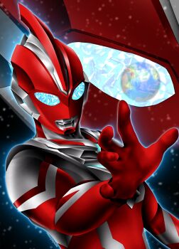 Rule 34 | 1boy, alien, armor, blue eyes, blurry, blurry background, breastplate, color timer, colored skin, commentary, compound eyes, curled fingers, eye reflection, giant, giant male, glowing, glowing eyes, hand up, hanejidyna86, highres, looking down, male focus, multicolored skin, no pupils, omega slugger, open hand, pectorals, planet, reaching, red skin, reflection, silver skin, space, spoilers, star (sky), tokusatsu, toned, toned male, twitter username, two-tone skin, ultra series, ultraman omega, ultraman omega (series), upper body, wrinkled skin, zoom layer