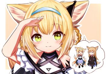 1girl 2girls :d ^_^ animal_ears arknights arm_up bare_shoulders black_cape black_jacket black_skirt blonde_hair blue_hairband blue_skirt blush border braid braided_hair_rings cape chibi closed_eyes closed_mouth commentary_request frills hair_rings hairband highres imagining infection_monitor_(arknights) jacket light_blush long_hair long_sleeves looking_at_viewer material_growth multiple_girls multiple_tails necktie open_mouth originium_(arknights) oripathy_lesion_(arknights) outline partial_commentary purple_cape purple_skirt red_necktie salute shirt short_hair skirt smile solo speech_bubble split_mouth suzuran_(arknights) tail thought_bubble two-sided_cape two-sided_fabric upper_body vulpisfoglia_(arknights) white_border white_outline white_shirt yellow_background yellow_tail yoi_(a27963244)