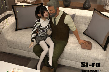 1boy 1girl 3d age_difference artist_name beard black_footwear blush collar couch dress_shirt facial_hair flat_chest full_body indoors loli miniskirt model mustache necktie pleated_skirt shirt si-ro sitting sitting_on_lap sitting_on_person skirt striped_clothes striped_sweater sweater tagme thighhighs white_collar white_shirt white_thighhighs