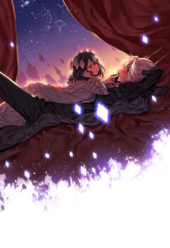 1boy 1girl black_cape black_hair blush cape commentary couple demon_boy demon_horns dress etihw_(funamusea) funamusea haiiro_teien horns kcalb_(funamusea) majiang medium_hair white_dress