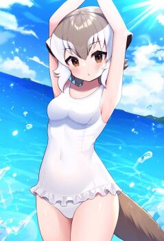 1girl alternate_costume animal_ears armpits arms_up bare_arms bare_shoulders blue_sky blush breasts brown_eyes brown_hair casual_one-piece_swimsuit cloud covered_navel cowboy_shot day dutch_angle frilled_one-piece_swimsuit frills fulugure_train grey_hair hair_between_eyes highres horizon kemono_friends looking_at_viewer medium_breasts meerkat_(kemono_friends) multicolored_hair ocean one-piece_swimsuit otter_tail outdoors short_hair sidelocks sky solo swimsuit tail two-tone_hair water white_hair white_one-piece_swimsuit