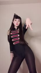 1girl adapted_costume animated asian ass ass_shake audible_music black_gloves black_hair black_leotard breasts curvy dancing gloves hat highleg highleg_leotard highres japanese_(nationality) leotard lips long_hair looking_at_viewer military military_uniform model pantyhose photo_(medium) ririkana small_breasts solo sound standing tagme thighhighs thong_leotard video white_background