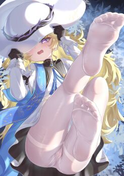 1girl absurdres black_bow black_collar black_gloves blonde_hair blue_sash bow cameltoe collar embarrassed feet gloves hand_on_own_hat hat highres legs_up long_hair looking_at_viewer no_panties no_shoes open_mouth pantyhose phoebe_(wuthering_waves) purple_eyes sash see-through_clothes see-through_legwear skirt soles striped_bow toes white_hat white_pantyhose white_skirt wuthering_waves yyfuu