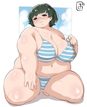 1girl bikini bikini_pull black_hair body_freckles breasts cleavage clothes_pull covered_erect_nipples fat fat_woman freckles glasses green_eyes hand_on_own_thigh huge_breasts kneeling mizsawa navel open_mouth original short_hair shoulder_freckles sitting sky smile solo striped_bikini striped_clothes swimsuit thick_arms thick_thighs thighs white_background zuisawa