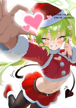 1girl belt black_belt black_pantyhose black_tail blue_archive christmas clothing_cutout commentary_request crop_top demon_girl demon_tail flat_chest fur-trimmed_headwear fur-trimmed_shirt fur-trimmed_shoes fur-trimmed_skirt fur_trim green_hair green_halo green_nails grin hair_between_eyes halo hat heart heart_cutout highres itinana looking_at_viewer midriff motion_lines nail_polish navel nozomi_(blue_archive) pantyhose red_hat red_shirt red_shoes red_skirt santa_costume santa_hat shirt shoes skirt smile solo tail twintails white_background yellow_eyes