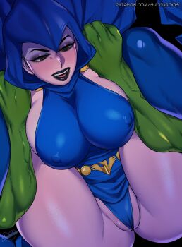 1boy 1girl absurdres artist_name beast_boy_(dc) black_eyes black_lips blue_cape blue_hood blue_leotard blue_thighhighs breasts cape clenched_hands colored_skin couple covered_erect_nipples dc_comics green_skin highres hood hooded_cape large_breasts leotard lifting_person muscular muscular_male narrowed_eyes open_mouth pale_skin patreon_username raven_(dc) reverse_suspended_congress sex sex_from_behind sideboob solo_focus spread_legs succuboos teen_titans teeth thick_thighs thighhighs thighs upper_teeth_only veins veiny_arms watermark web_address