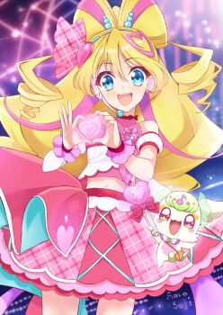 Rule 34 | 1girl, amasajithira, arm warmers, bare shoulders, beads, blonde hair, blue eyes, blush, bow, bow-shaped hair, bow choker, character name, choker, collarbone, commentary request, crop top, cure idol, detached sleeves, drill hair, earrings, grin, hair beads, hair between eyes, hair ornament, hair ribbon, hairband, headset, heart, heart earrings, heart hair ornament, heart hands, highres, idol, idol clothes, idol heart brooch (precure), idol heart incom, jewelry, kimi to idol precure, long hair, looking at viewer, magical girl, midriff, multicolored hair, multiple earrings, navel, open mouth, pink bow, pink hair, pink ribbon, pink shirt, pink skirt, pink theme, pink wrist cuffs, plaid bow, plaid ribbon, precure, puffy detached sleeves, puffy sleeves, purirun (fairy) (precure), red bow, red choker, ribbon, sakura uta (precure), scrunchie, shirt, shirt bow, single arm warmer, skirt, smile, stomach, streaked hair, teeth, twintails, two-tone hair, wrist cuffs, wrist scrunchie