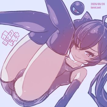 1girl ;) ahoge ass backbeako_(torotei) backbeard black_gloves black_hair black_thighhighs blush cameltoe closed_mouth commentary dated dated_commentary elbow_gloves eyes_visible_through_hair feet_out_of_frame flat_chest gegege_no_kitarou gloves hair_over_one_eye hair_ribbon kono_lolicon_domome legs_up long_hair looking_at_viewer lying one_eye_closed original paid_reward_available pointy_ears red_eyes ribbon school_swimsuit simple_background skindentation smile solo swimsuit thighhighs torotei translated twintails very_long_hair watermark web_address white_background