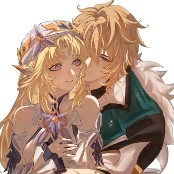 1boy 1girl arms_around_waist bare_shoulders beret blonde_hair blue_eyes blush closed_mouth commentary couple cross-shaped_pupils detached_sleeves english_commentary facial_mark forehead_mark fur_trim genshin_impact hair_between_eyes hat hetero highres lips long_hair looking_at_another nicole_reeyn pointy_ears sparkle star-shaped_pupils star_(symbol) symbol-shaped_pupils tscamver varka_(genshin_impact) watermark white_background