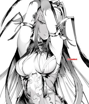 1girl animal_ear_fluff animal_ears armlet armpits arms_up breasts china_dress chinese_clothes cleavage clover clover_hair_ornament commentary dated_commentary dress droopy_ears greyscale hair_ornament hairband half-closed_eyes highres jewelry long_hair looking_to_the_side medium_breasts monochrome otimusyairoha parted_lips silver_armlet simple_background solo twitter_username upper_body very_long_hair white_background white_dress white_hairband ye_shunguang zenless_zone_zero