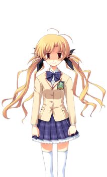 1girl antenna_hair black_bow blazer blonde_hair bow bowtie breasts brown_eyes brown_jacket chaos;head collared_shirt crazy_eyes crazy_smile dress_shirt game_cg hair_bow jacket looking_at_viewer matsuo_yukihiro miniskirt non-web_source official_art orihara_kozue partially_shaded_face petticoat plaid_bow plaid_bowtie plaid_clothes plaid_skirt purple_bow purple_bowtie school_uniform science_adventure shirt skirt small_breasts smile solo sprite suimei_academy_school_uniform thighhighs transparent_background twintails white_shirt white_thighhighs winter_uniform zettai_ryouiki
