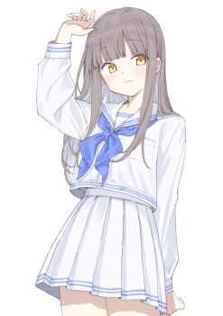 1girl arm_at_side arm_up blue_neckerchief blunt_bangs closed_mouth commentary cowboy_shot grey_hair highres long_hair long_sleeves looking_at_viewer maigoyaki miniskirt neckerchief original pleated_skirt sailor_collar school_uniform serafuku shirt simple_background skirt solo standing straight_hair symbol-only_commentary white_background white_sailor_collar white_serafuku white_shirt white_skirt yellow_eyes