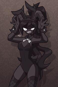 1girl animal_ears black_hair black_leotard black_skin colored_skin cowboy_shot demon_girl detached_collar fake_animal_ears highres horns leotard long_hair looking_at_viewer not_your_sagittarius playboy_bunny ponytail rabbit_ears signature siren_(the_binding_of_isaac) solo standing tail the_binding_of_isaac wrist_cuffs