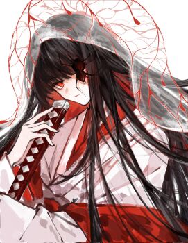 1girl black_hair bridal_veil bug closed_mouth colored_inner_hair commentary highres holding holding_sword holding_weapon hood japanese_clothes katana kimono kinala6490098 limbus_company long_hair long_sleeves looking_at_viewer multicolored_hair one_eye_covered project_moon red_eyes red_hair red_sash ryoshu_(project_moon) sash see-through_clothes shiromuku simple_background solo spider sword two-tone_hair uchikake veil veins wataboushi weapon white_background white_kimono wide_sleeves