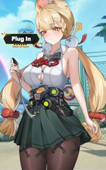 1girl ? absurdres alice_thymefield black_pantyhose blonde_hair blue_sky blush breasts button_gap commentary_request cowboy_shot day game_screenshot_background green_skirt hair_ornament heterochromia highres large_breasts outdoors pantyhose parted_lips pleated_skirt red_eyes screenshot_background shirt skirt sky sleeveless sleeveless_shirt solo sphere_hair_ornament taboo_(selfmadeappler) twintails white_shirt yellow_eyes zenless_zone_zero