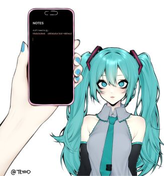 1girl :3 armpit_crease bare_shoulders black_sleeves blue_eyes blue_hair blue_nails blue_necktie breasts cellphone closed_mouth collared_shirt commentary constricted_pupils detached_sleeves double-parted_bangs english_commentary fingernails grey_shirt hair_between_eyes hatsune_miku highres holding holding_phone long_hair looking_at_viewer nail_polish necktie notes phone pov pov_hands shirt simple_background sleeveless sleeveless_shirt small_breasts smartphone solo_focus teyoid twintails vocaloid white_background