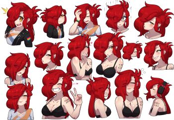 1girl absurdres black_bra black_jacket blush bra breasts reference_sheet chibi chibi_inset cleavage commentary english_commentary evil_trevo eyes_visible_through_hair facepalm frown grey_shirt grin hair_bun hair_over_one_eye half-closed_eyes happy headphones highres jacket large_breasts open_mouth original pink_lips ponytail red_hair sad shirt shoulder_tattoo single_hair_bun smile smug tattoo unamused underwear v wristband yellow_eyes zoey_(evil_trevo)