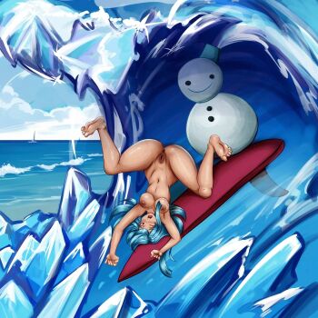 blue_hair breasts breasts_out frozen highres kula_diamond nude snk snowman surfboard surfing the_king_of_fighters