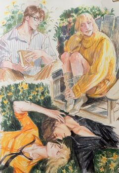 2boys aizen_sousuke annas_anya black_necktie black_shirt bleach blonde_hair book brown_hair brown_pants chair closed_eyes collared_shirt commentary couple english_commentary flower glasses highres hirako_shinji holding holding_book jewelry leg_warmers legs light_smile long_sleeves lying male_focus multiple_boys necktie nose on_back on_grass open_collar orange_shirt outdoors pants ribbed_sweater ring shirt short_hair sitting sleeves_rolled_up smile striped_clothes striped_shirt sweater teeth thighs traditional_media vertical-striped_clothes vertical-striped_shirt wooden_chair yaoi yellow_sweater