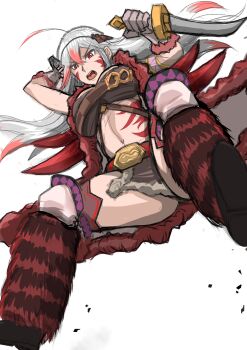 1girl absurdres alexandra_(grimms_notes) artist_request breasts from_below grey_hair grimms_notes gun highres holding holding_gun holding_sword holding_weapon large_breasts long_hair open_mouth red_eyes solo source_request sword weapon white_background