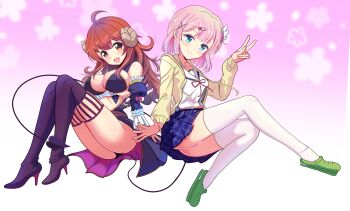 2girls absurdres ahoge ass black_panties black_thighhighs blue_eyes blush boots breasts brown_eyes brown_hair chiyoda_momo cleavage closed_mouth collarbone demon_girl demon_horns demon_tail fang hair_ornament hairclip high_heel_boots high_heels highres horns kumaisao large_breasts long_hair looking_at_viewer machikado_mazoku miniskirt multiple_girls open_mouth panties pink_hair school_uniform skirt small_breasts smile tail thighhighs underwear v white_thighhighs yoshida_yuuko