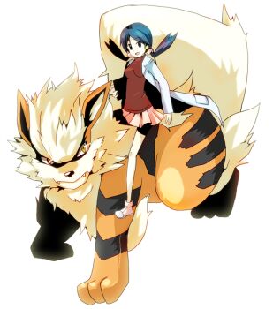 Rule 34 | 1girl, arcanine, bad id, bad pixiv id, bike shorts, blue eyes, blue hair, gen 1 pokemon, kris (pokemon), localite, nintendo, pokemon, pokemon (creature), pokemon adventures, riding, riding pokemon, skirt, twintails