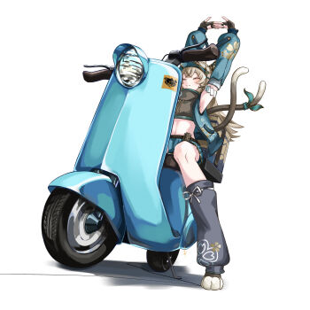 1girl absurdres adapted_costume animal_ears armpits arms_up box cardboard_box cat_ears cat_tail closed_eyes closed_mouth commentary crop_top crossed_bangs detached_sleeves double-parted_bangs drawstring english_commentary fingerless_gloves full_body genshin_impact gloves grey_hair hair_between_eyes high_collar highres interlocked_fingers kirara_(genshin_impact) leg_warmers long_hair midriff miniskirt motor_vehicle multiple_tails nekomata on_scooter open_clothes open_vest own_hands_together scooter skirt smile solo stretching tail two_tails very_long_hair vest visor_cap yichen