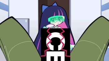 1boy 1girl angel animated animated_gif anime_screenshot blue_eyes bouncing_penis brief_(psg) censored erection orange_hair panty_&amp;_stocking_with_garterbelt panty_(psg) penis penis_awe purple_hair stocking_(psg)