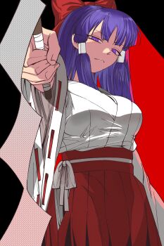 1girl absurdres bow clothing_cutout commentary gohei grey_nagato hair_bow hair_tubes hakama hakurei_reimu hakurei_reimu_(pc-98) highres hip_vent holding holding_gohei japanese_clothes long_hair looking_at_viewer miko purple_eyes purple_hair red_bow red_hakama ribbon-trimmed_sleeves ribbon_trim sidelocks solo touhou touhou_(pc-98) wide_sleeves