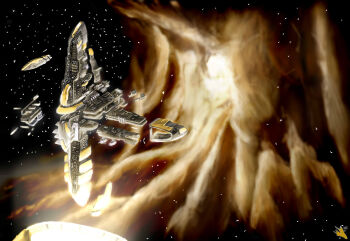 Rule 34 | amarr empire (eve online), building, capital ship (eve online), cloud, commentary, concept art, constriction, english commentary, eve online, glowing, highres, nebula, no humans, novafox, original, outdoors, science fiction, sky, space, space station, star (sky), starry sky