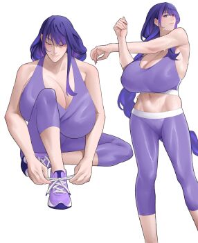 1girl absurdres arms_up braid breasts cleavage closed_mouth commentary english_commentary genshin_impact highres huge_breasts leggings long_braid long_hair looking_down low-braided_long_hair low-tied_long_hair mole mole_under_eye navel pants purple_eyes purple_hair purple_leggings purple_pants purple_shoes purple_sports_bra rahizu5 raiden_shogun shoes simple_background sitting smile sneakers solo_focus sports_bra stretching sweat tying_footwear very_long_hair white_background