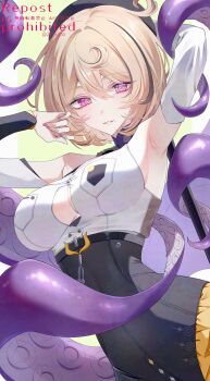 1girl absurdres armpits beret black_shorts blonde_hair breasts commentary_request hat high-waist_shorts highres jujube_2513 large_breasts monster_girl purple_eyes purple_nails shirt short_hair shorts simple_background solo tentacle_girl tentacles white_background white_shirt yidhari_murphy zenless_zone_zero