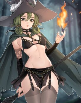 1girl absurdres bikini bikini_top_only black_bikini black_skirt black_thighhighs breasts cloak commentary fire forest freckles gauntlets green_cloak green_eyes green_hair hat highres looking_at_viewer miniskirt nature navel outdoors short_hair skirt small_breasts solo stomach swimsuit thighhighs unicorn_overlord witch witch_hat yahna_(unicorn_overlord) yiiande