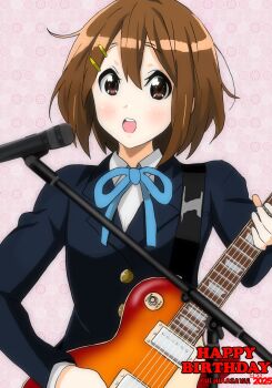 1girl 2025 birthday brown_eyes brown_hair dated english_text feet_out_of_frame female_focus flower guitar hair_between_eyes hair_ornament hairclip happy_birthday hirasawa_yui holding holding_guitar holding_instrument instrument k-on! long_sleeves looking_at_viewer mi5e4rzz microphone open_mouth ribbon sakuragaoka_high_school_uniform school_uniform shirt short_hair solo teeth white_shirt