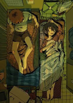 2boys absurdres barefoot black_hair blanket from_above highres indoors lying multiple_boys on_back original papipupi_(my_specialminmi) pillow shorts sleeping tatami
