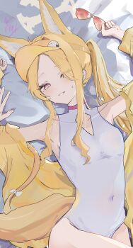 1girl absurdres amanome121 animal_ear_fluff animal_ears bare_shoulders bird blue_archive bow breasts covered_navel cross_halo diamond_cutout dot_nose extra_ears eyes_visible_through_hair forehead fox_ears fox_girl fox_tail gradient_eyes grin hair_over_one_eye halo highleg highleg_one-piece_swimsuit highres holding holding_removed_eyewear jacket light_blush loli long-tailed_tit long_hair long_sleeves looking_at_viewer lying multicolored_eyes off_shoulder official_alternate_hairstyle on_back one-piece_swimsuit pov pov_hands seia_(blue_archive) seia_(swimsuit)_(blue_archive) side_ponytail small_breasts smile sunglasses sweatdrop swimsuit tail tail_bow tail_ornament thighs tinted_eyewear tit_(bird) unworn_eyewear very_long_hair very_long_tail visor_cap white_bird white_bow white_one-piece_swimsuit yellow_halo yellow_jacket yellow_visor