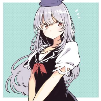 1girl ascot blue_hat breasts cleavage commentary_request grey_hair hat kamishirasawa_keine long_hair looking_to_the_side miya9 puffy_short_sleeves puffy_sleeves red_ascot short_sleeves solo touhou upper_body