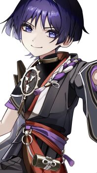 Rule 34 | 1boy, aomiya souju, arm at side, black bodysuit, black kimono, black sleeves, blunt ends, bodysuit, bright pupils, closed mouth, commentary request, eyeliner, eyeshadow, genshin impact, gold, gold trim, grey sleeves, highres, japanese clothes, jewelry, juban, kimono, layered sleeves, looking at viewer, makeup, male focus, mandarin collar, mitsudomoe (shape), neck ring, o-ring, open clothes, open kimono, purple eyes, purple hair, purple sash, red eyeliner, red eyeshadow, red kimono, red sash, ringed eyes, sash, scaramouche (genshin impact), single sode, smile, solo, tassel, tomoe (symbol), white background, white kimono, white pupils, wispy bangs